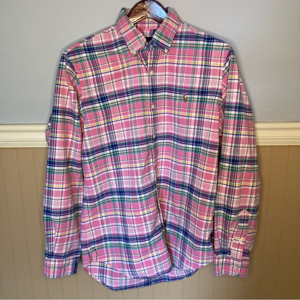 Polo Ralph Lauren Button Down Long Sleeve Shirt Pink Blue Green Plaid Medium